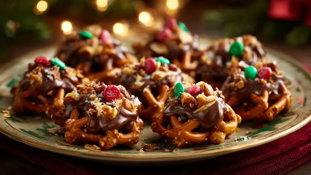 Christmas Rolo pretzel bites with caramel and chocolate served on a holiday plate