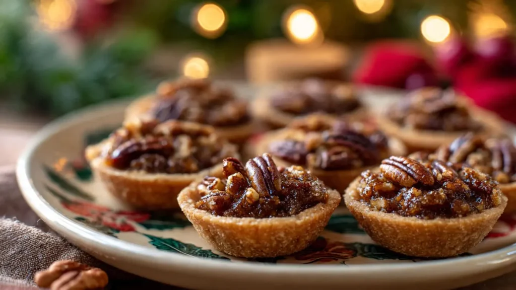 Easy Christmas pecan pie cookies arranged on a festive plate with gooey pecan filling