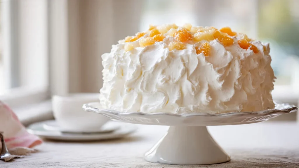 Light and fluffy Pig Pickin’ Cake topped with whipped frosting and citrus fruit