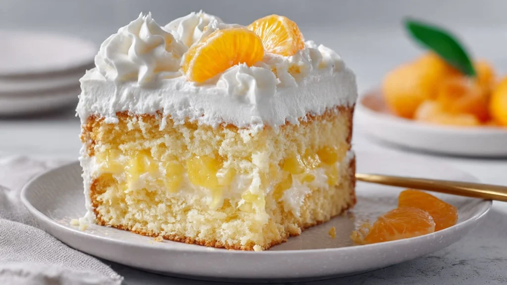 Slice of Pig Pickin’ Cake showing moist yellow crumb with pineapple and whipped frosting