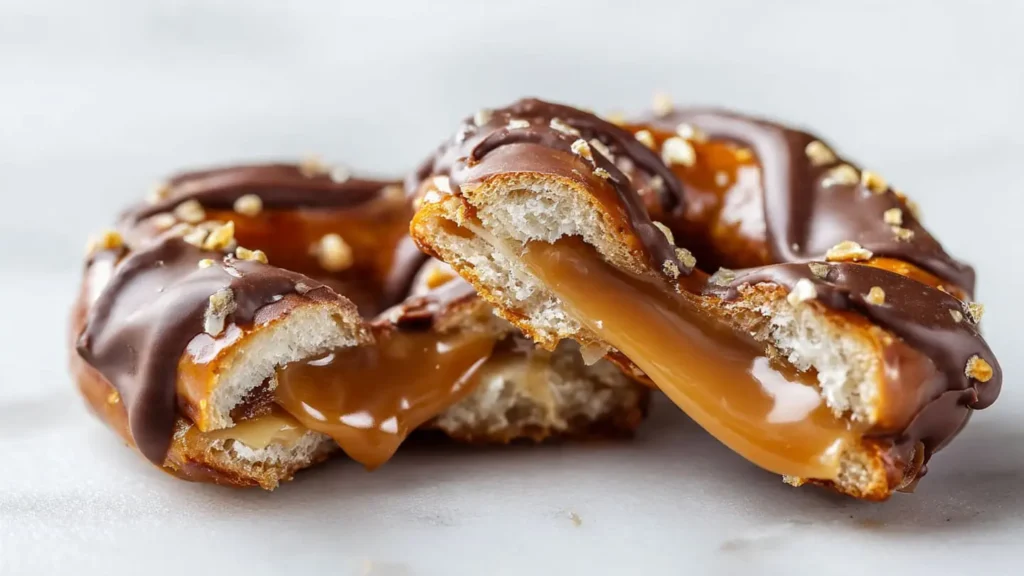 Rolo pretzel bite broken open showing gooey caramel and melted chocolate