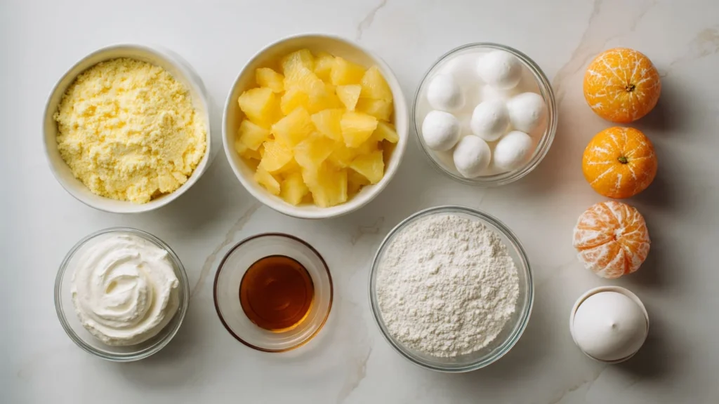 Flat lay of ingredients for Pig Pickin’ Cake arranged on a white counter
