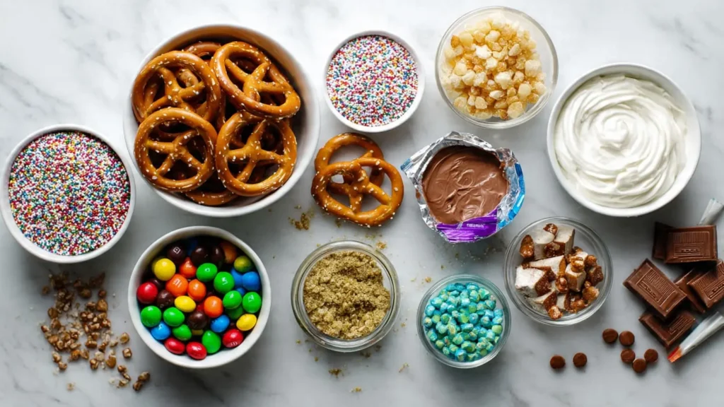 Flat lay of pretzels, Rolo candies, and festive toppings for Rolo pretzel bites