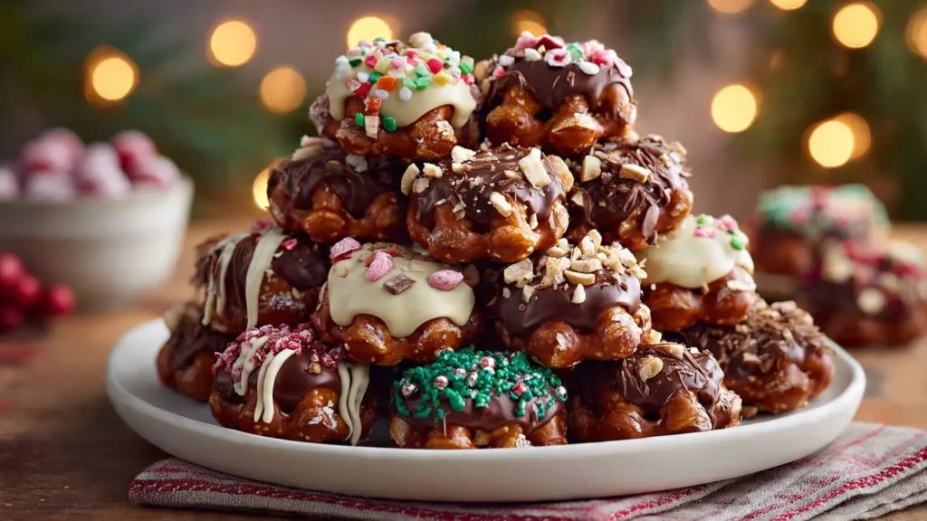 Stacked Christmas Rolo pretzel bites with assorted festive toppings on a white platter