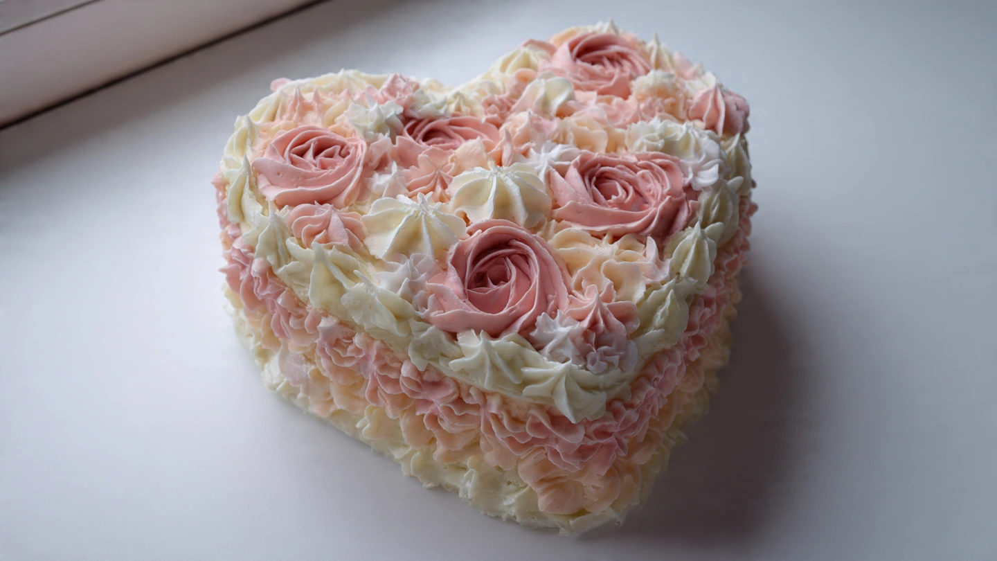 Heart shaped cake with pink and white buttercream frosting decorated with soft piped swirls