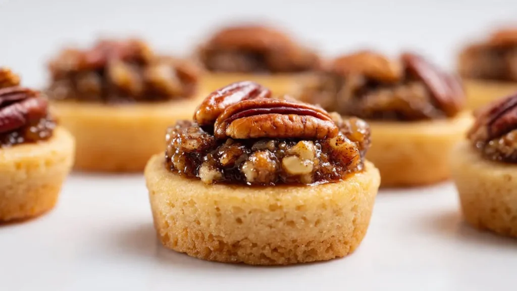 Mini pecan pie cookies shown individually with visible pecan filling