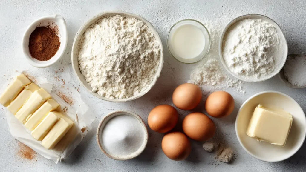 Flat lay of cookie crust ingredients including flour, butter, sugar, eggs, and vanilla