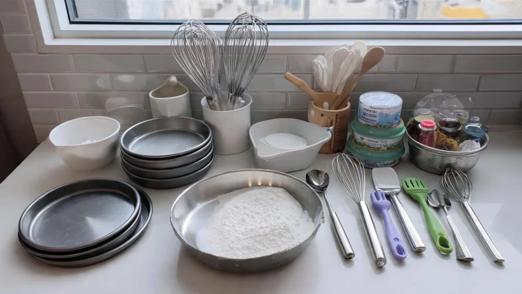 Cake baking tools including mixing bowls, whisk, spatula, measuring cups, and cake pans