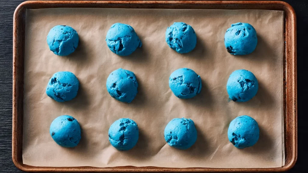 Scooped blue cookie dough balls arranged on a parchment-lined baking sheet
