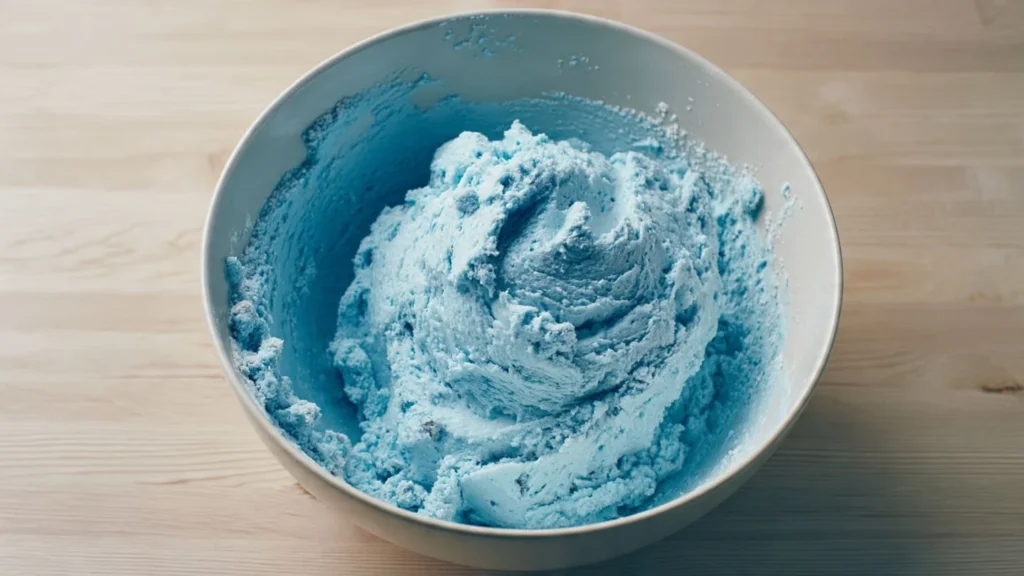 Smooth blue cookie dough resting in a mixing bowl