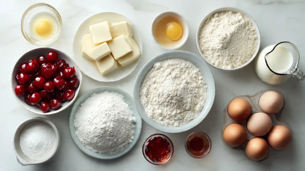 Flat lay of ingredients for baking a cherry cake on a white kitchen counter