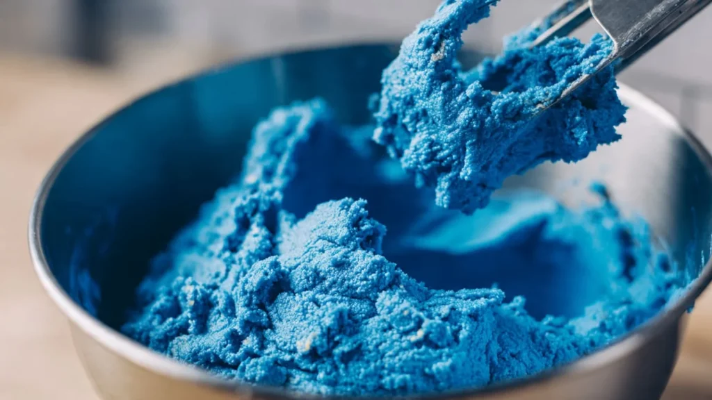 Cookie dough tinted bright blue with gel food coloring in a mixing bowl