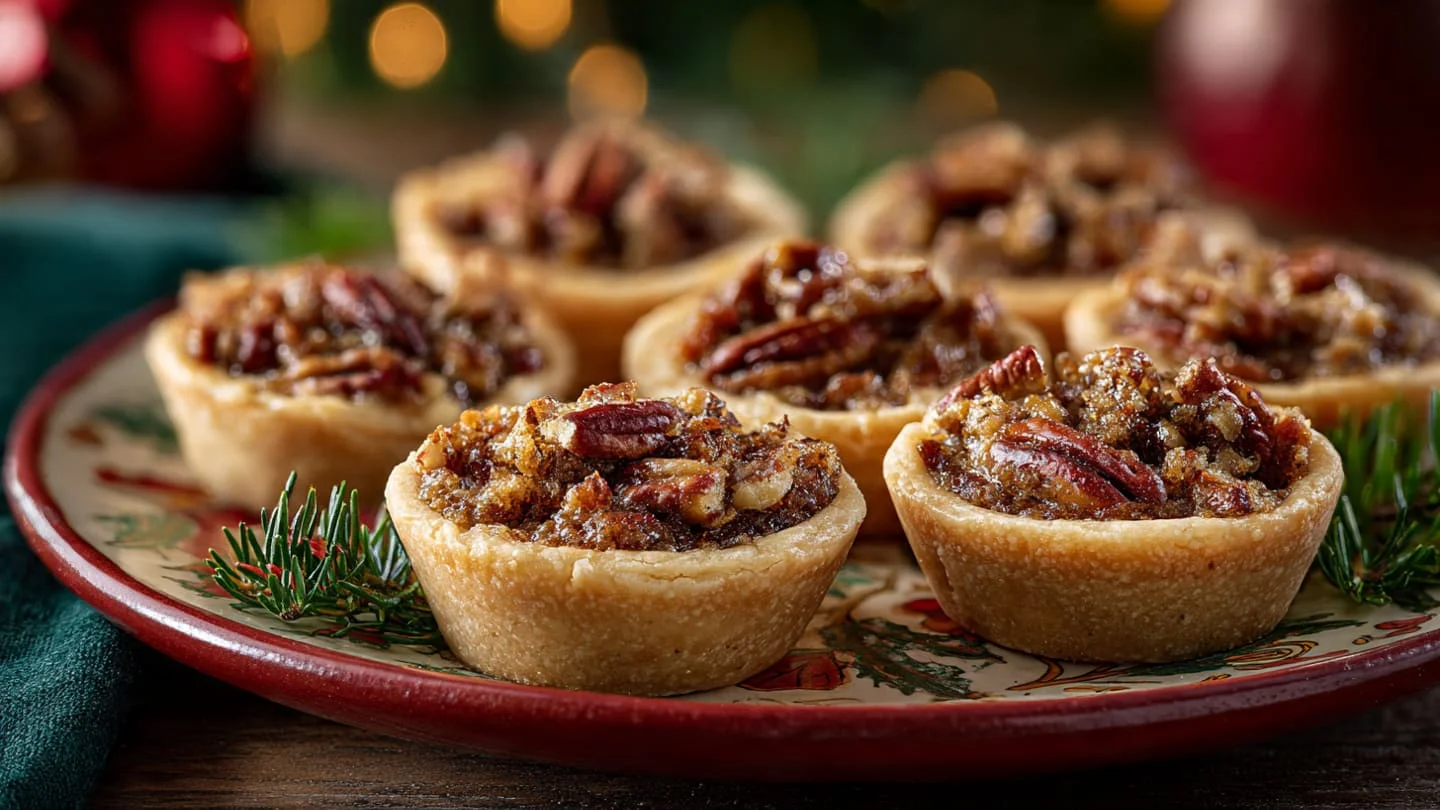 Easy Christmas pecan pie cookie cups served on a festive holiday plate