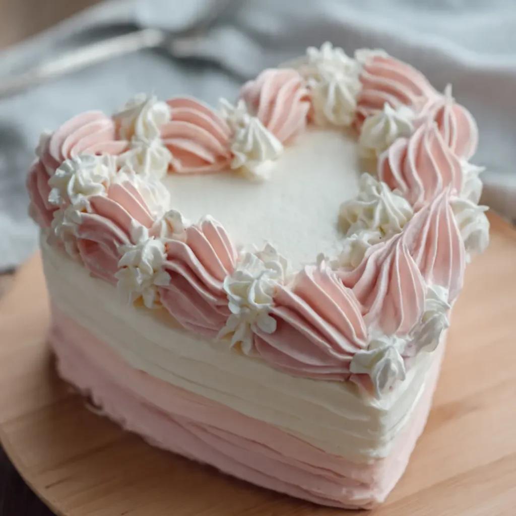 Fully frosted heart shaped cake with smooth buttercream and simple piped edges