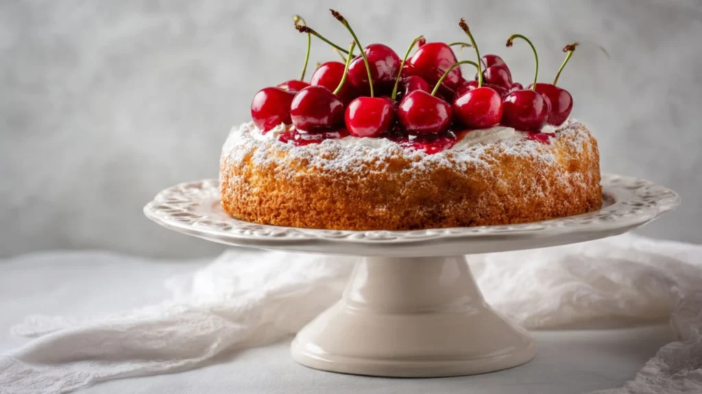 Cherry cake displayed on a cake stand with whole cherries on top