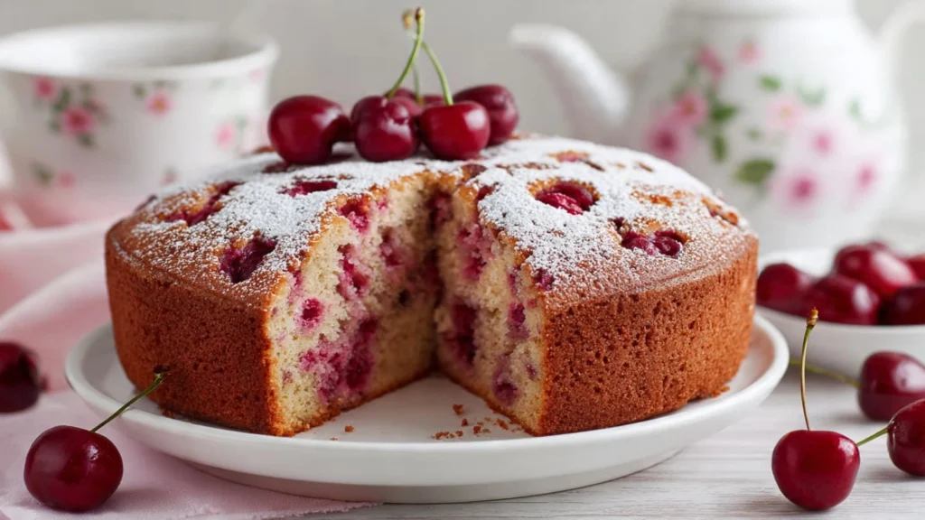 Soft and moist cherry cake on a white plate with visible cherry pieces inside