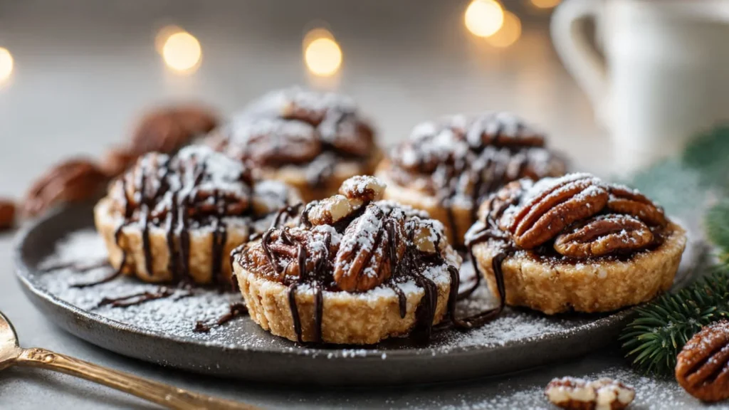 Decorated pecan pie cookies topped with light chocolate drizzle and powdered sugar