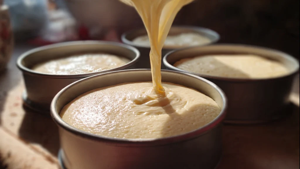 Smooth cake batter being poured evenly into round baking pans