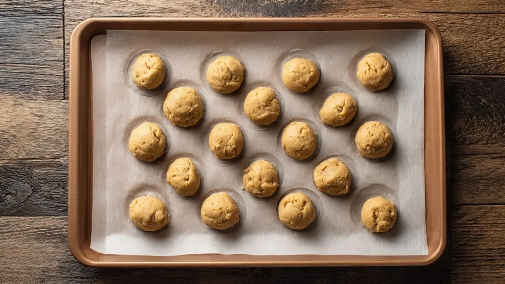 Cookie dough balls pressed into shallow cups on a parchment-lined baking sheet