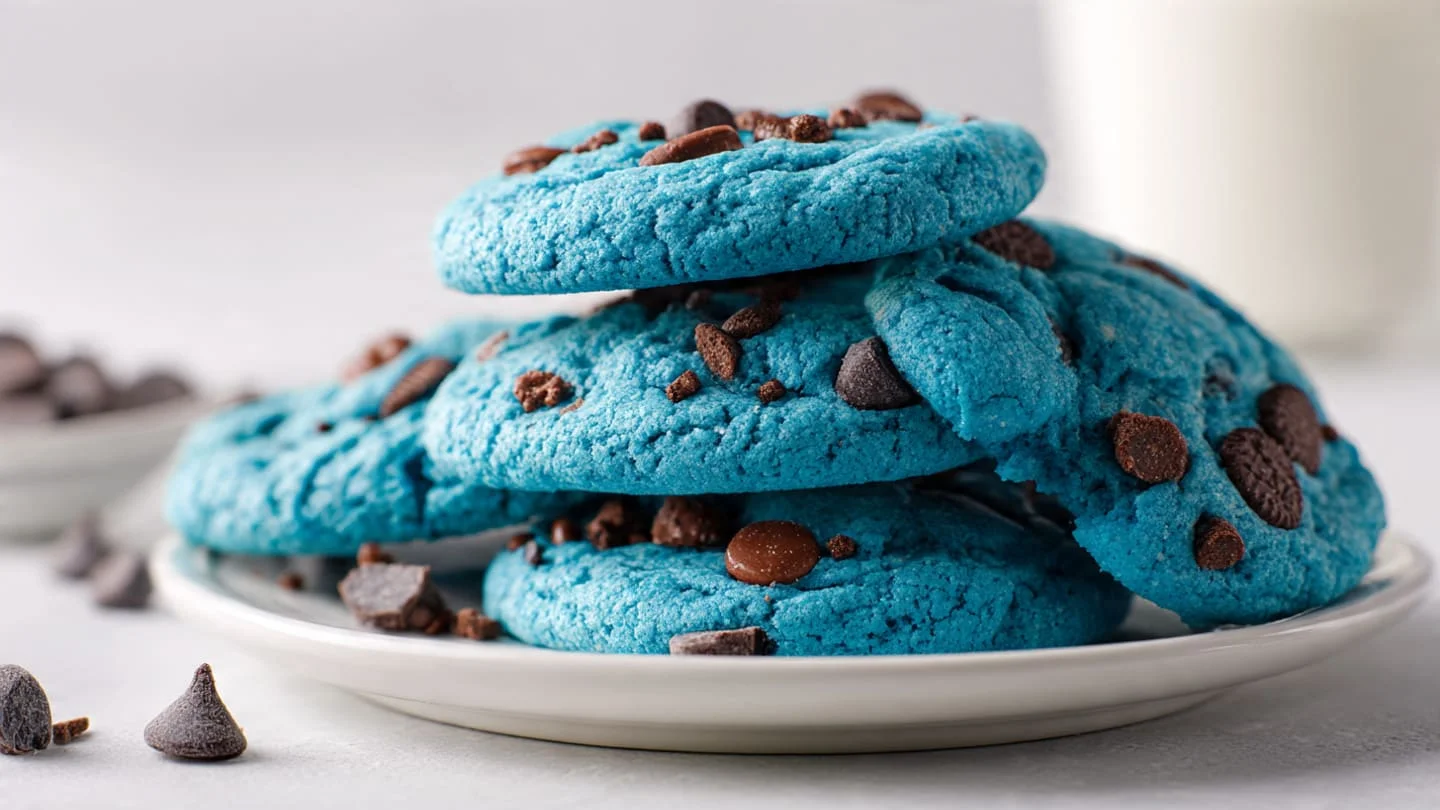 Stack of blue Cookie Monster cookies filled with chocolate chips and cookie chunks