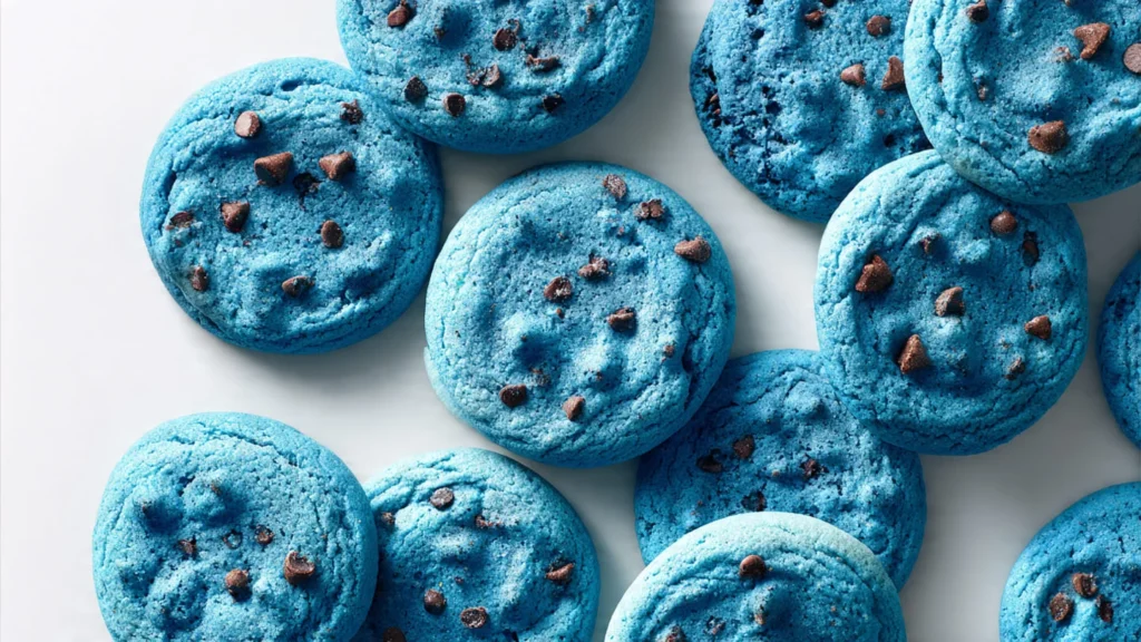Playful blue Cookie Monster–style cookies with visible chocolate chips on a white background