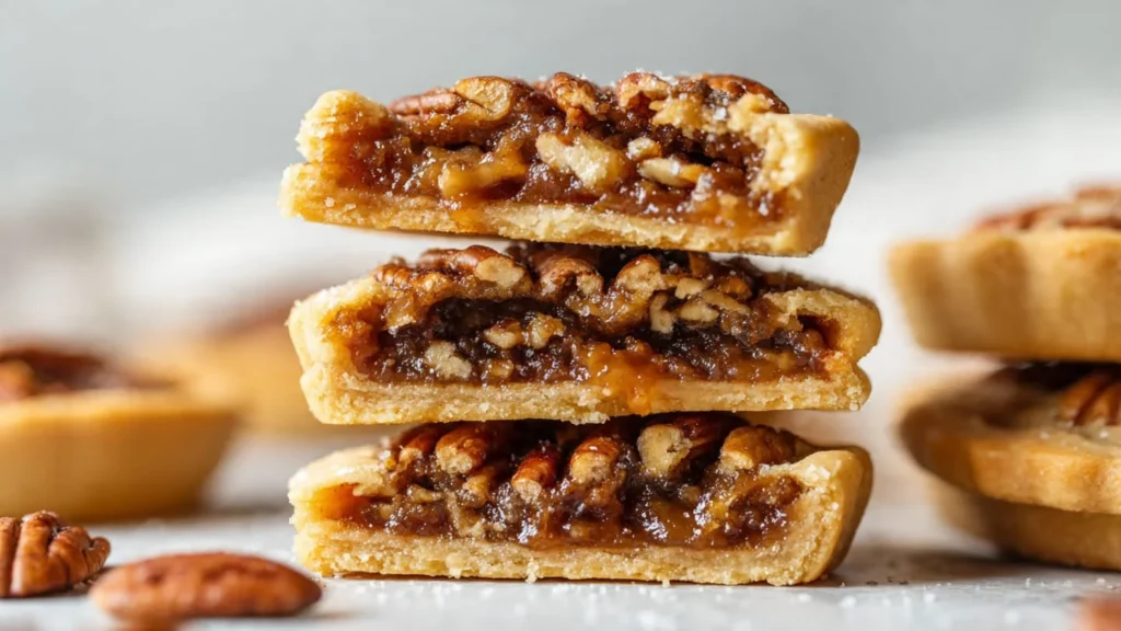 Easy Christmas pecan pie cookies stacked with gooey pecan filling visible