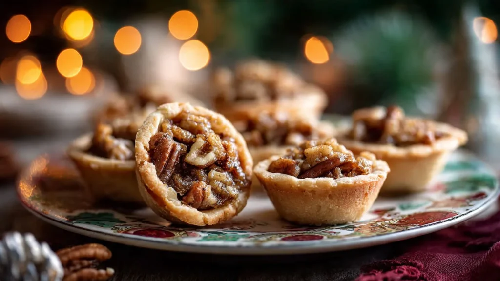 Festive Christmas cookie platter featuring pecan pie cookie bites with holiday decor