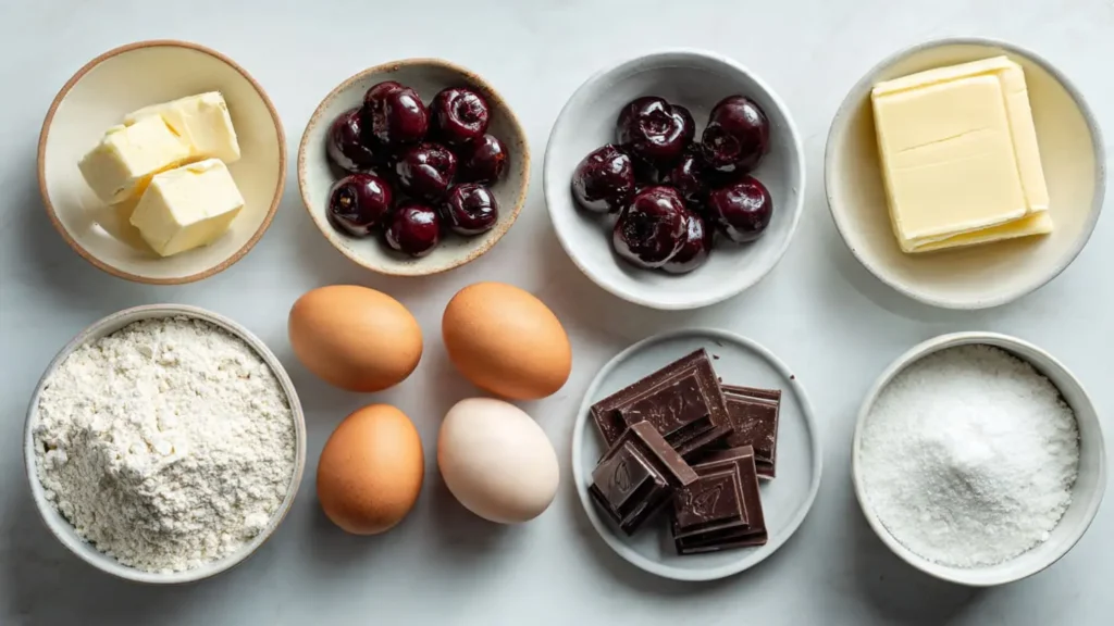 Flat lay of ingredients for maraschino cherry chocolate chunk cookies on a white counter