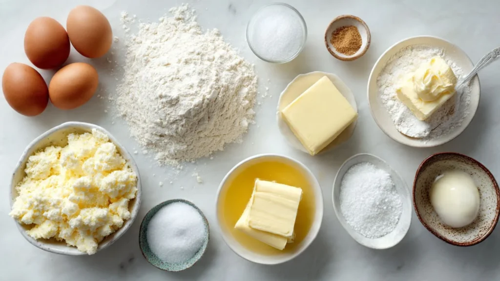 Flat lay of cookie dough ingredients including flour, butter, sugar, eggs, and vanilla extract