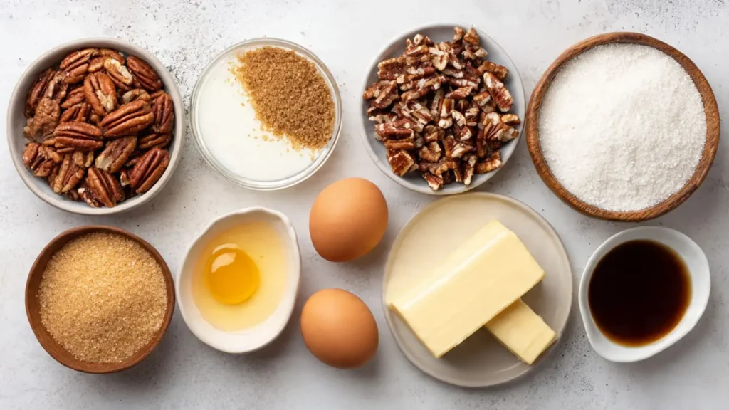 Flat lay of pecan pie filling ingredients including chopped pecans, brown sugar, butter, eggs, and vanilla