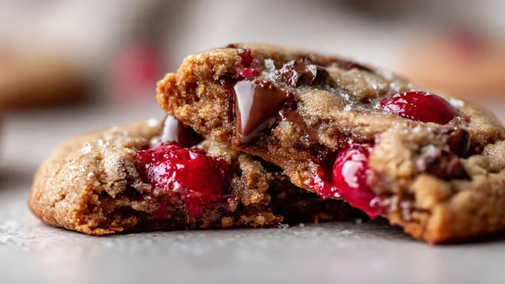 Maraschino cherry chocolate chunk cookie broken open showing a moist center