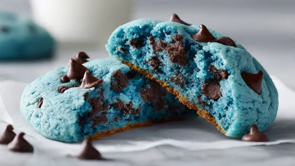 Blue Cookie Monster cookie broken open showing a soft chewy center with chocolate chips