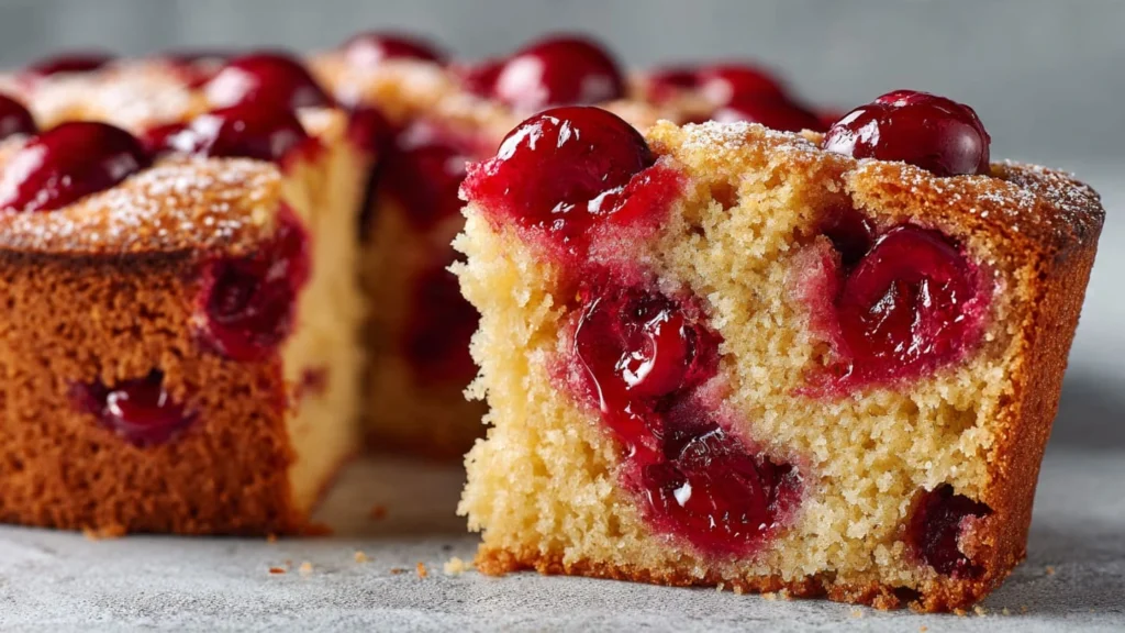 Close-up slice of cherry cake showing a moist crumb and juicy cherry pieces