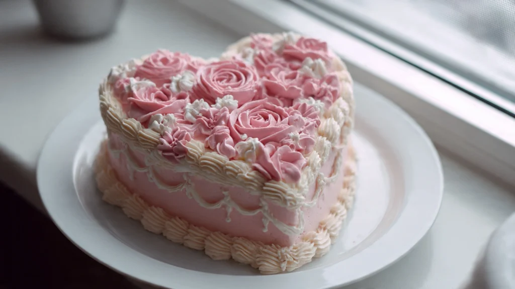Finished heart shaped cake cut open to reveal soft and moist layered interior