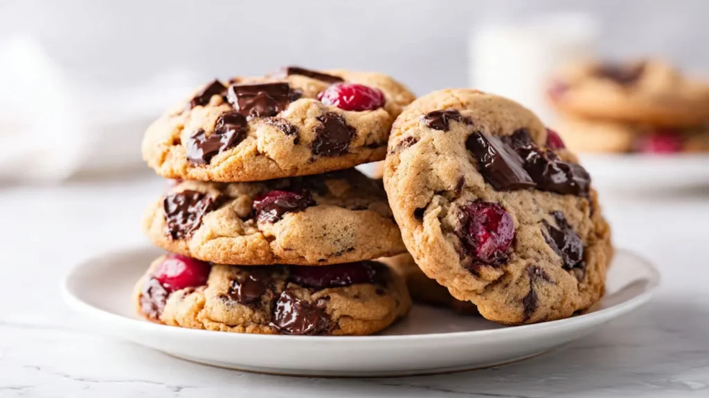 Soft and chewy maraschino cherry chocolate chunk cookies with visible cherry pieces