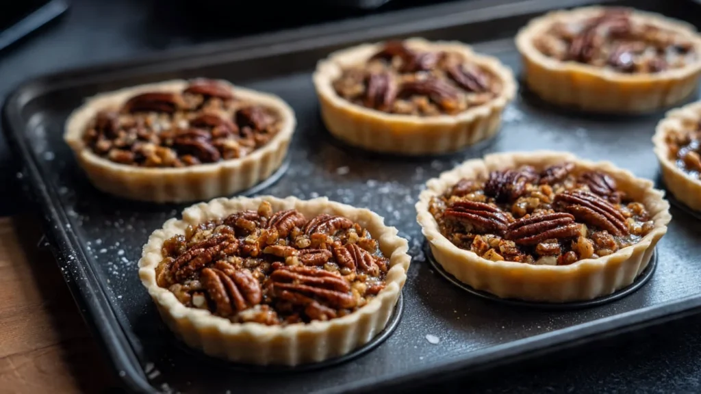 Unbaked pecan pie cookies filled with pecan mixture arranged on a baking tray