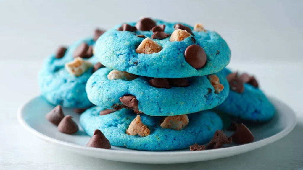 Bright blue Cookie Monster cookies stacked with chocolate chips and cookie pieces
