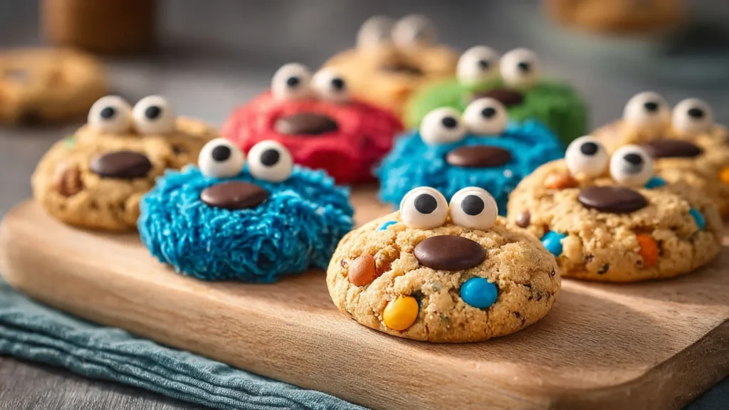 Cookie Monster cookies topped with extra chocolate chips in a playful style