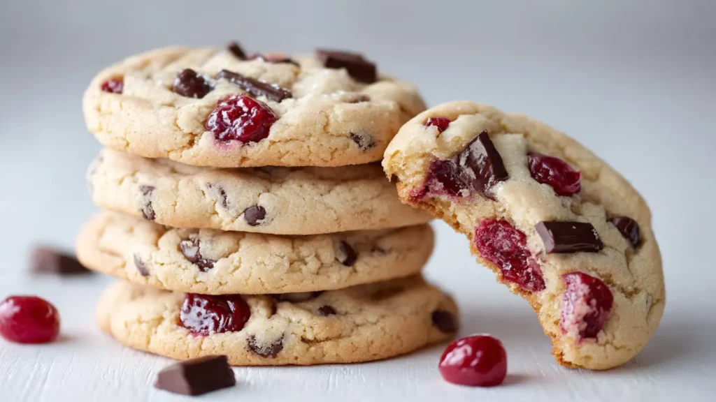 Stacked maraschino cherry chocolate chunk cookies with one broken to show cherry pieces