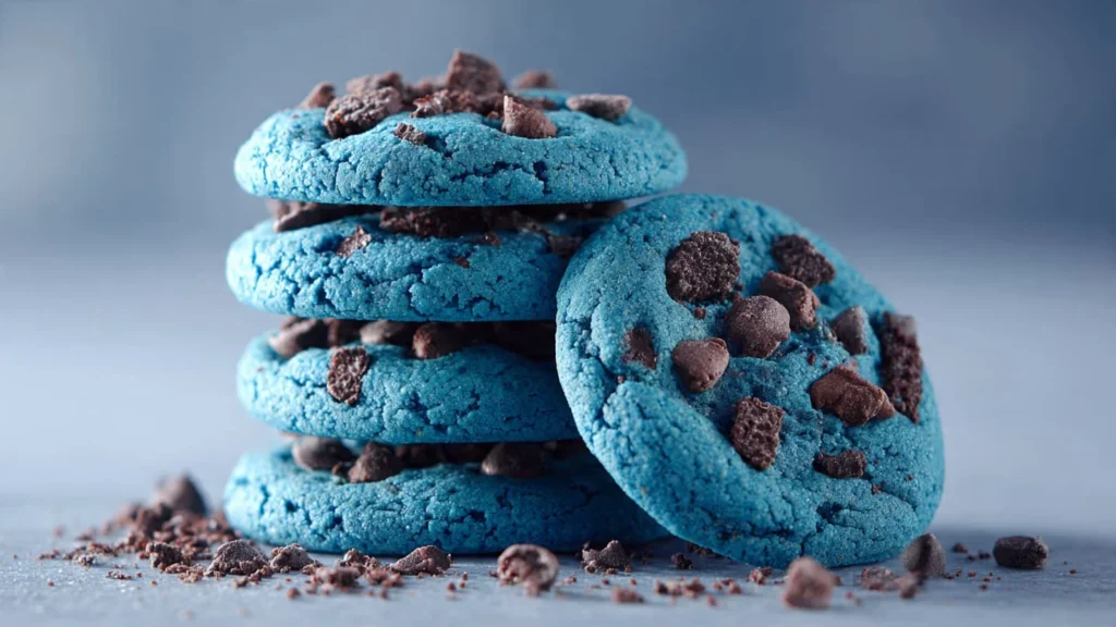 Stacked blue Cookie Monster cookies with visible chocolate chips and cookie chunks