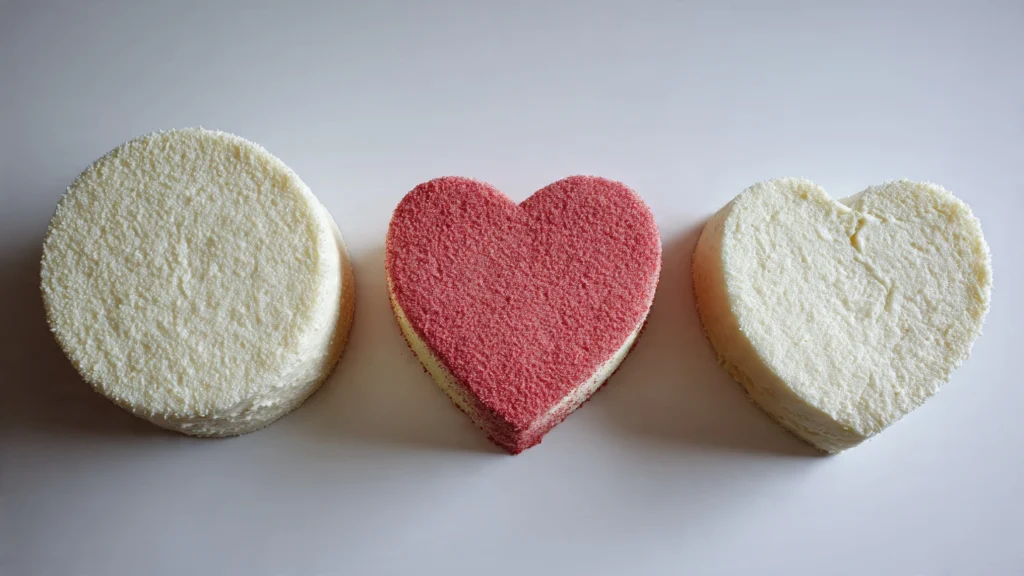 Overhead view showing how to arrange round cake pieces into a heart shape