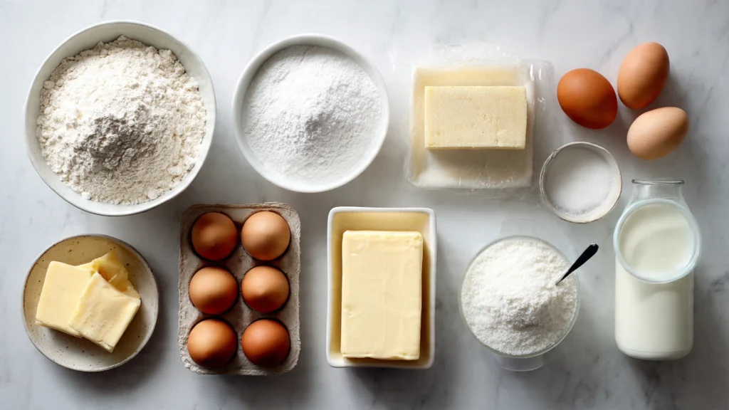 Flat lay of cake baking ingredients including flour, eggs, butter, milk, sugar, and vanilla